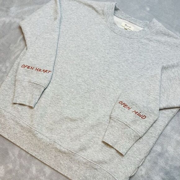 Madewell Sweatshirt Womens S Gray Fleece Crew Neck Open Mind Open Heart Sleeve - Picture 2 of 10